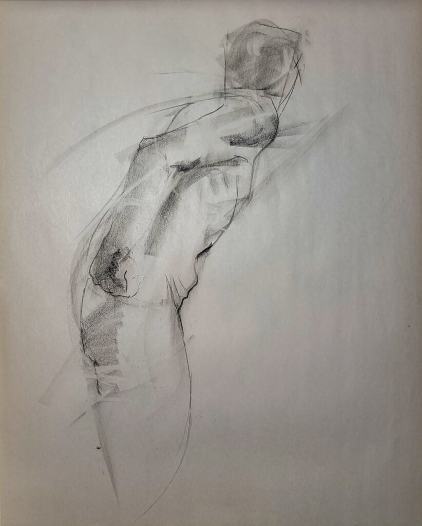 Charcoal gesture drawing of a standing figure from a Sunday life drawing session