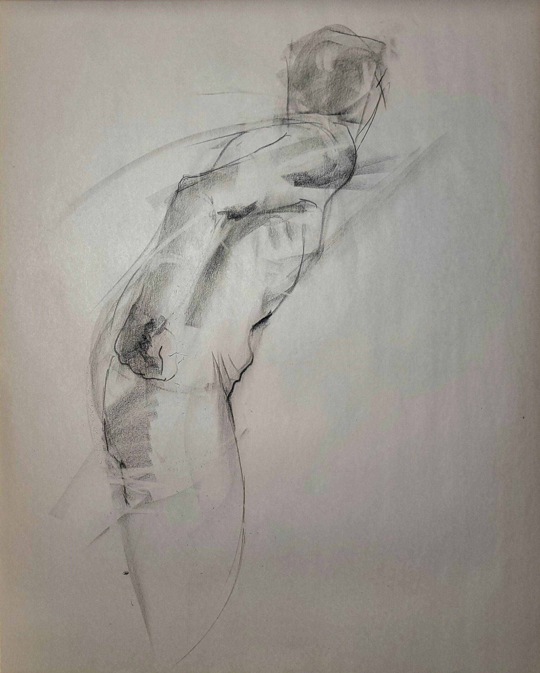 Charcoal gesture drawing of a standing figure from a Sunday life drawing session