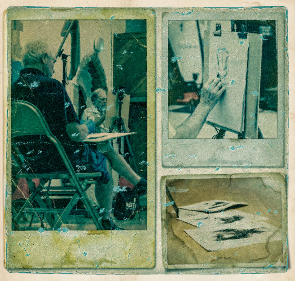 A vintage-style collage of three weathered Polaroid photos capturing a life drawing session in Milton Keynes. The photos show older students sketching at easels in a church hall, a close-up of a hand drawing a figure with charcoal, and completed figure sketches resting on a wooden floor.