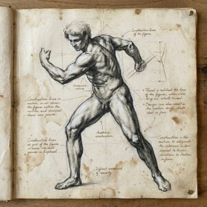 A detailed classical master study drawing on aged sketchbook paper, showing charcoal construction lines, anatomical notes, and shading of a muscular male figure in the style of Raphael, representing the Old Masters drawing course curriculum in Milton Keynes.