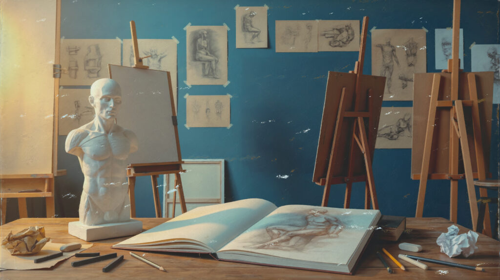 Drawing studio with easels, a classical anatomy bust and an open sketchbook of figure studies