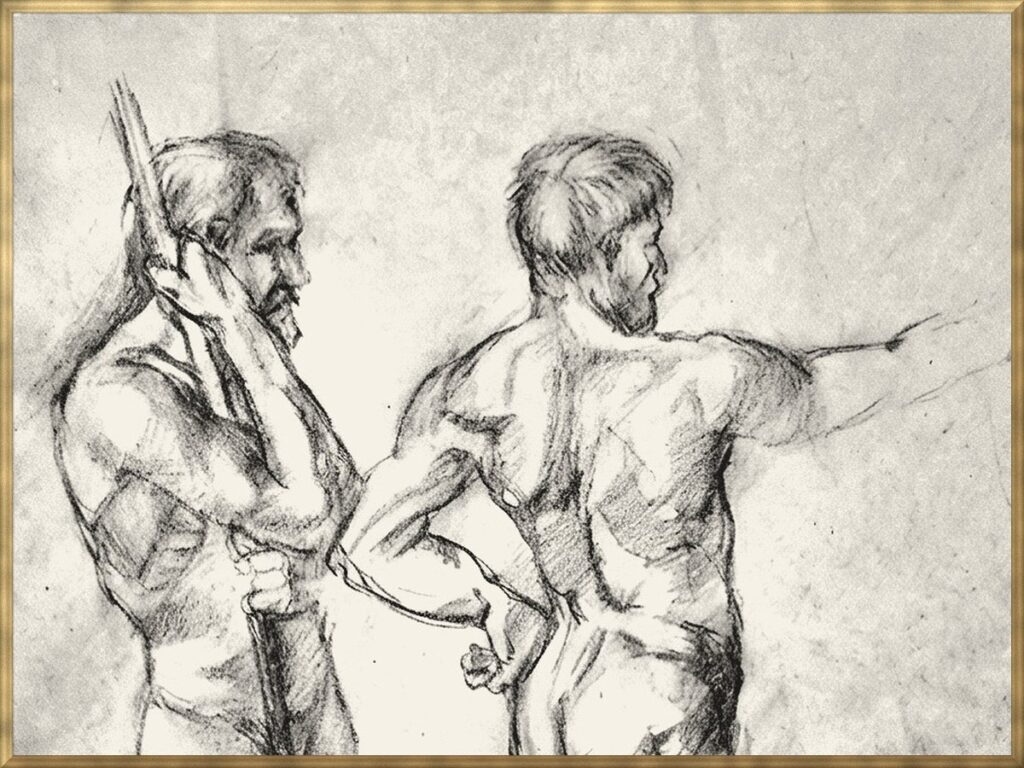Charcoal study of two standing male figures after the Old Masters, by Csaba Tibor Palotas