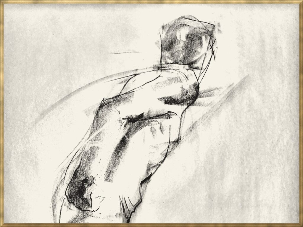 Charcoal gesture drawing of a twisting figure, from the Line and Gesture term, by Csaba Tibor Palotas