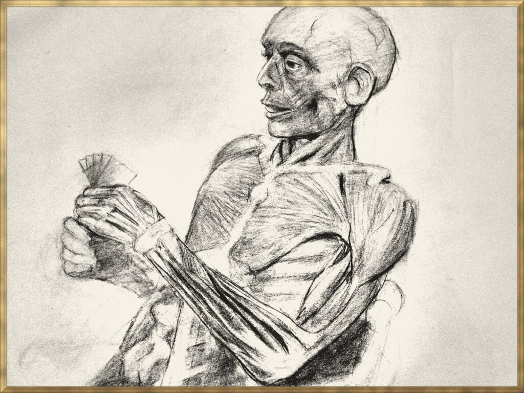 Charcoal anatomy drawing of a seated écorché figure by Csaba Tibor Palotas, from the Anatomy term