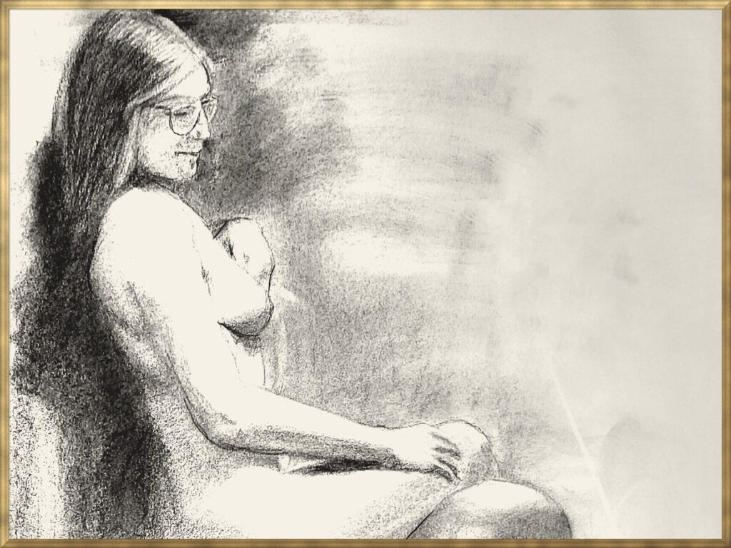 Charcoal tonal drawing of a seated figure lit from the side, from the Light and Shadow term, by Csaba Tibor Palotas