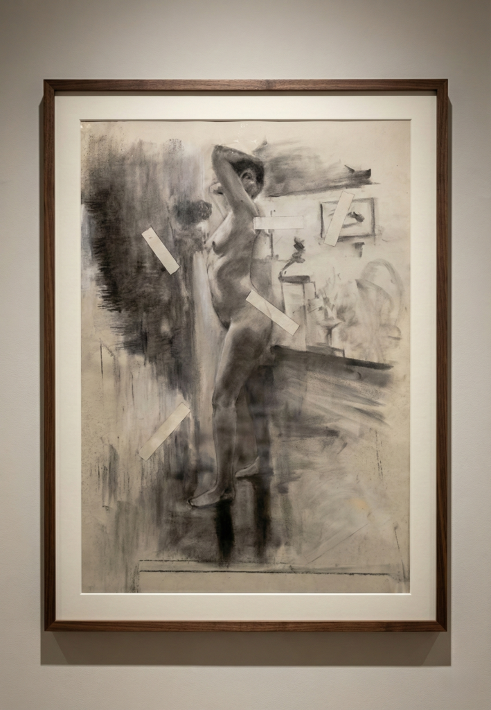 Framed charcoal drawing of a standing female figure, by Csaba Tibor Palotas, tutor at Life Drawing MK in Milton Keynes